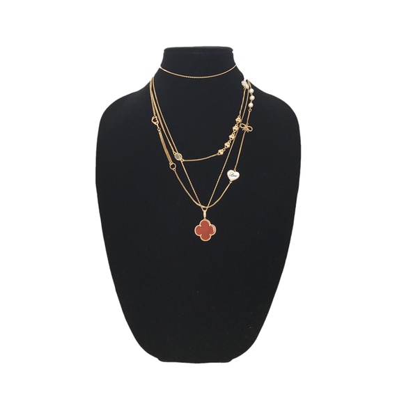 18k YELLOW GOLD CARNELIAN CLOVER LARGE PENDANT LONG NECKLACE